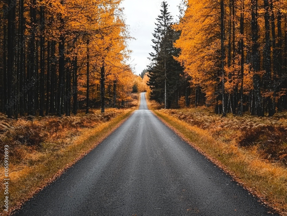 Fototapeta premium A serene road surrounded by vibrant autumn trees, leading into a peaceful forest landscape.