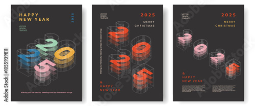 Happy New Year 2025 modern trendy poster set with numbers. Creative concept of banner, cover for calendar. Design template with typography on black background.