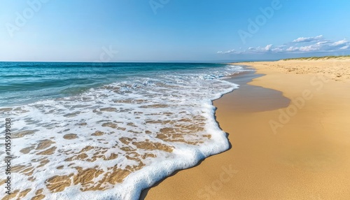 A picturesque beach scene featuring golden sand meeting a tranquil ocean under a clear blue sky. photo