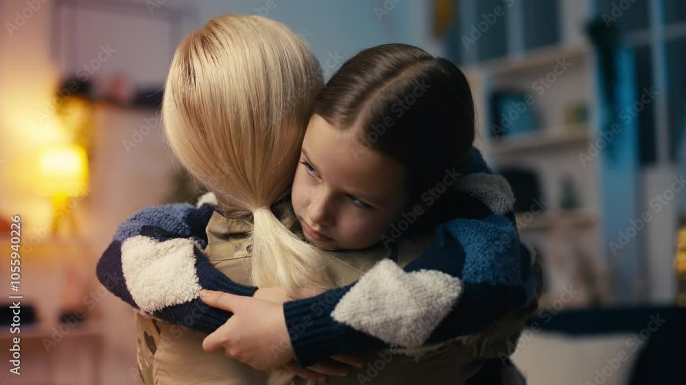 Sad little girl hugging soldier mother leaving for the military, family love Sad little girl hugging soldier mother leaving for the military, family love