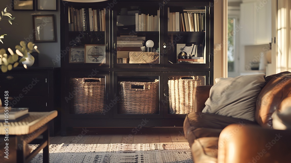 Fototapeta premium Modern Living Room Design Created by AI - Sleek Minimalist Interior with Cozy Seating, Natural Lighting, and Contemporary Decor Elements