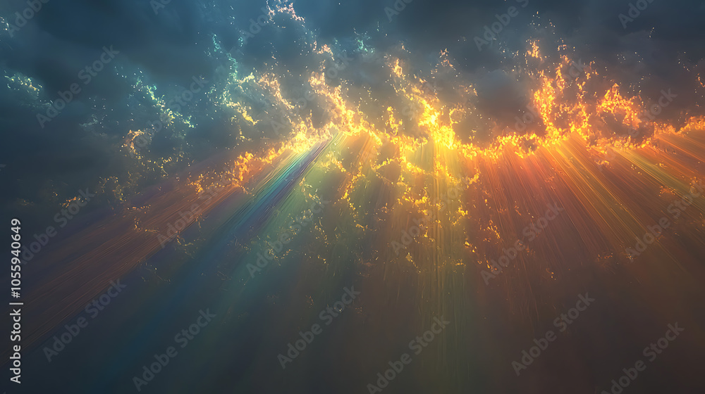 Fototapeta premium Ethereal rays of sunlight breaking through colorful clouds