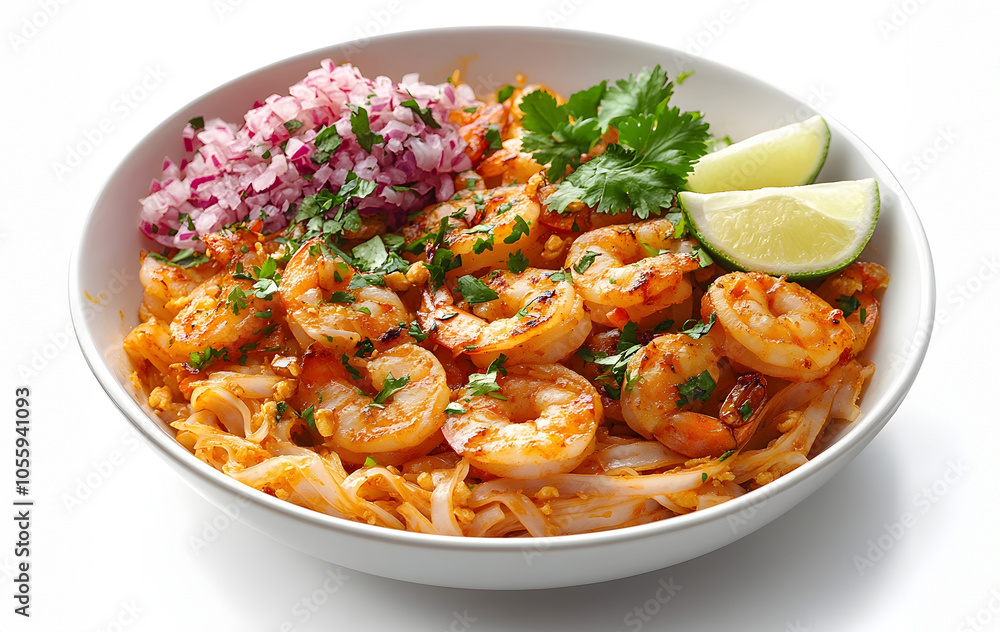 Colorful and Aromatic Pad Thai Noodle Dish in a White Bowl on White Background Colorful and Aromatic Pad Thai Noodle Dish in a White Bowl on White Background