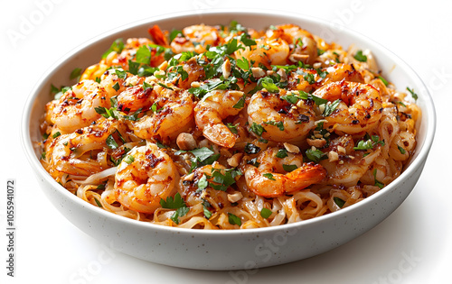 Appetizing Pad Thai Noodle Dish in a White Bowl with Soft Lighting and Isolated Background