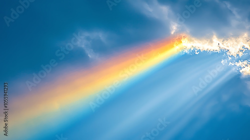 Vibrant rainbow emerging from clouds against a blue sky