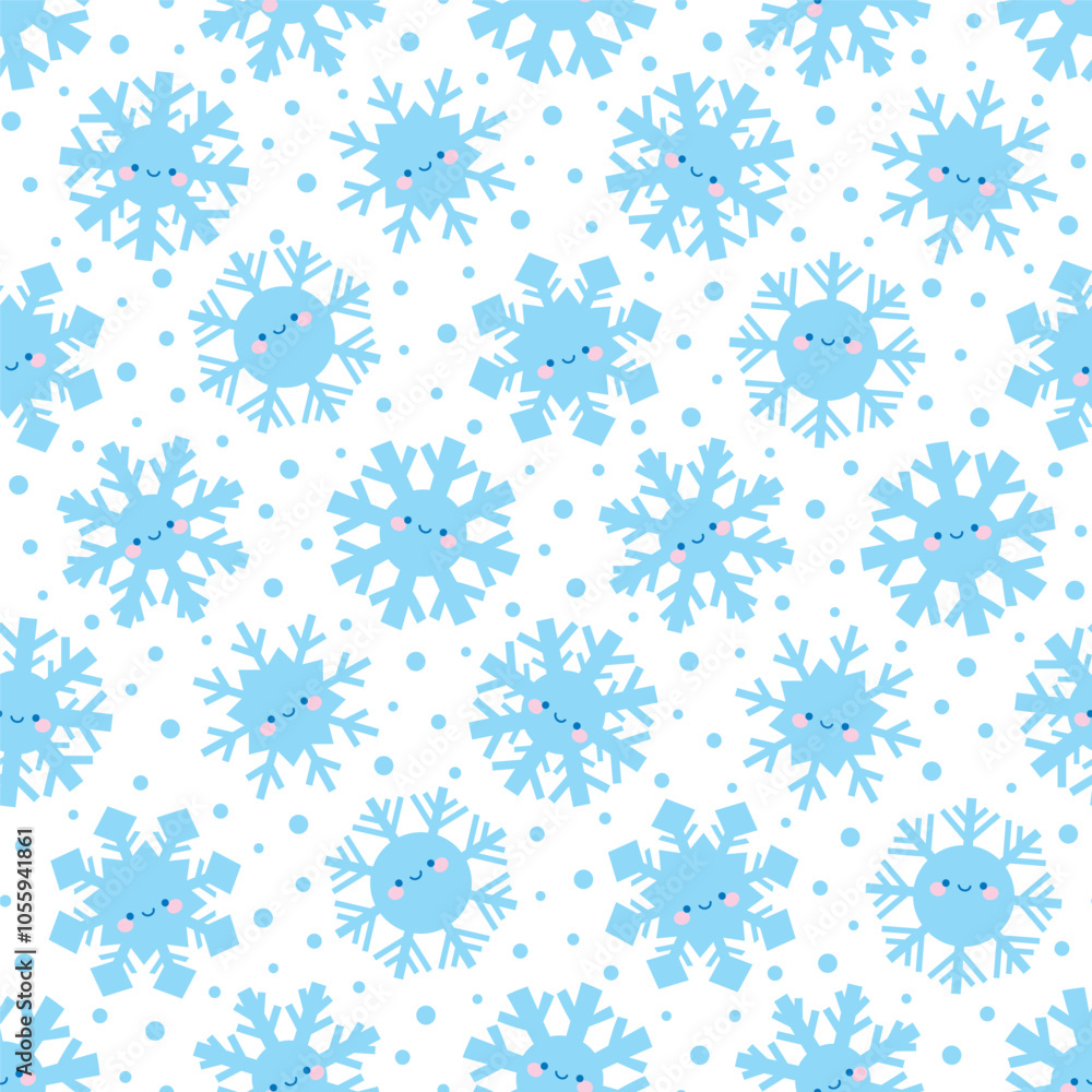 Vector winter seamless pattern with cute kawaii snowflake characters Vector winter seamless pattern with cute kawaii snowflake characters