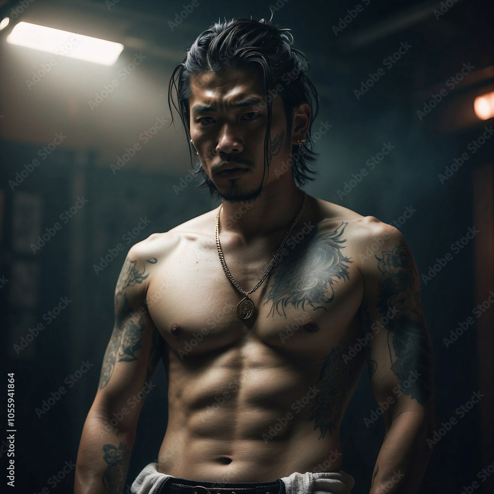 Cinematic Portrait of Muscular Man in Moody Asian Alleyway with Lanterns Cinematic Portrait of Muscular Man in Moody Asian Alleyway with Lanterns