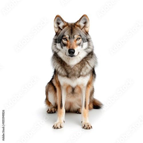 Majestic Grey Wolf Stands Alert in Pristine Portrait on White Backdrop