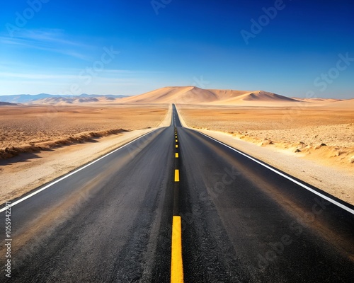 
road in the desert with a dividing strip stretching into the distance, isolated on a white background