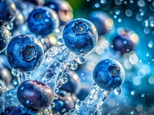 Stunning Drone Photography of Blueberries Tossed in Air with Water Splash and Droplets in Slow Motion