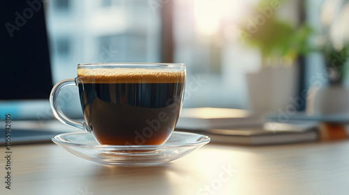 
Black coffee in a glass cup close up with an office background in the morning photography