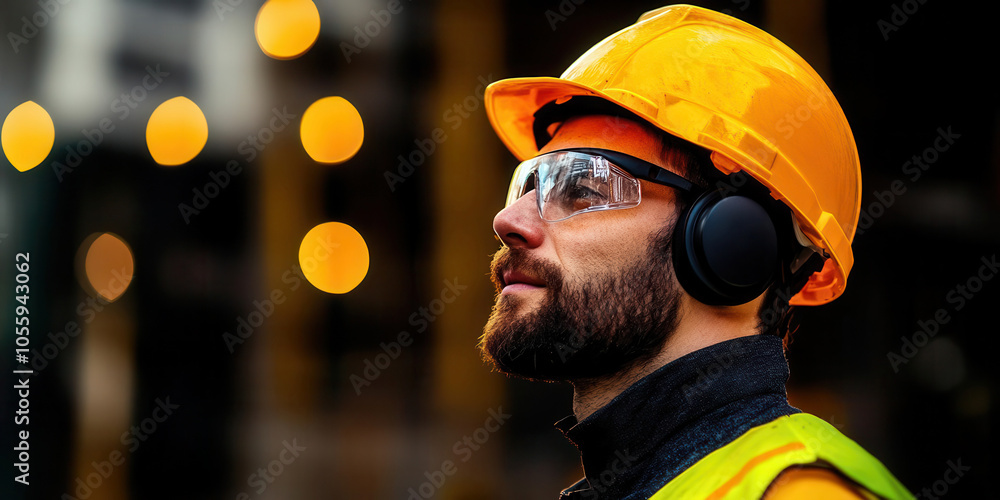 A construction worker with ear protection, suffering from hearing loss due to workplace noise exposure