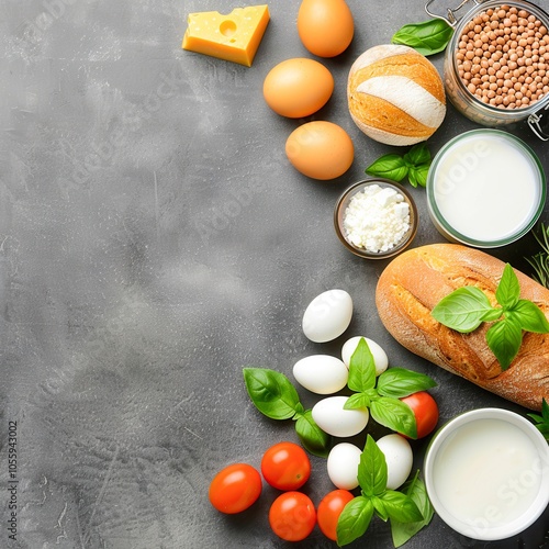 A flat lay of fresh ingredients including eggs, cheeses, tomatoes, and herbs, perfect for cooking blogs or recipe development, emphasizing healthy and wholesome food choices, photo