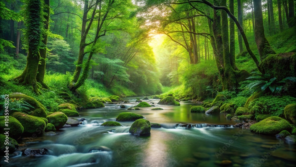 Obraz premium pristine forest stream with lush greenery