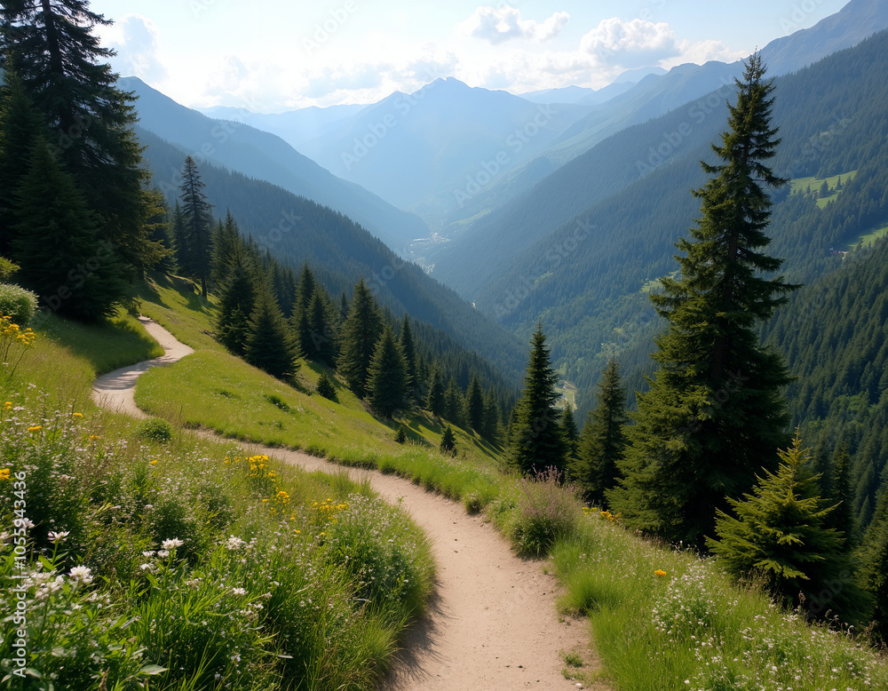 Fototapeta premium winding mountain trail surrounded by dense green forests and wildflowers