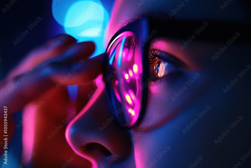 A young woman wearing glasses massaging eyes from computer vision after being in front of the screen for a long time. A young woman wearing glasses massaging eyes from computer vision after being in front of the screen for a long time.