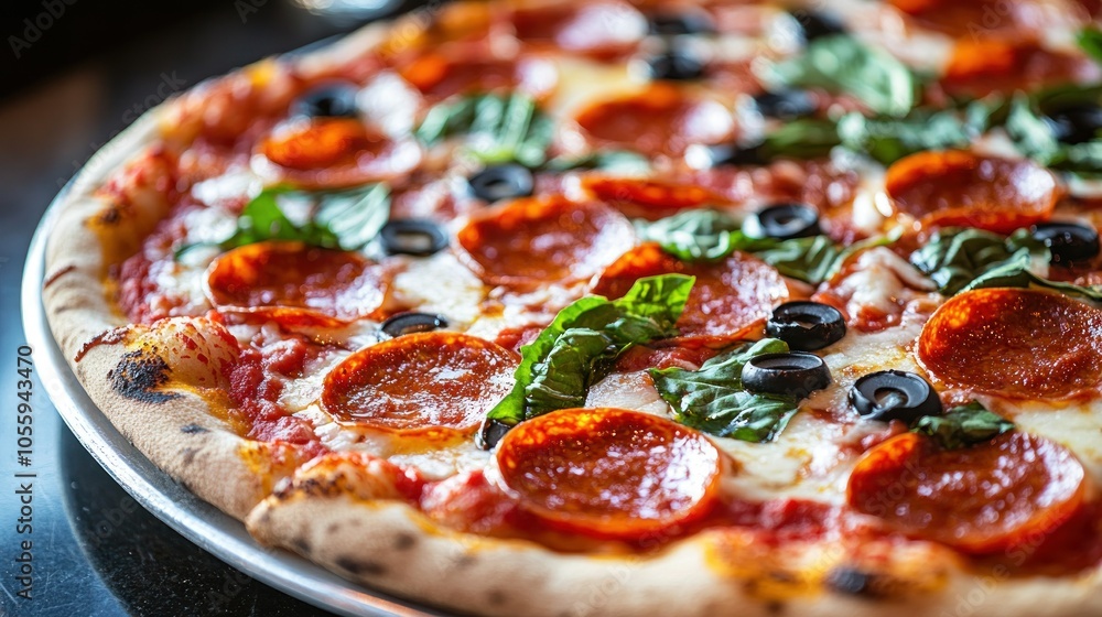 Close-up of a Pepperoni Pizza with Olives and Basil Close-up of a Pepperoni Pizza with Olives and Basil