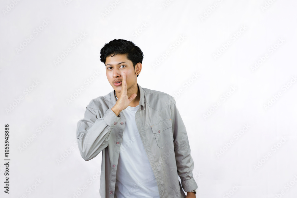 Young Teenager in shirt and vest gives expression of happiness and sadness points with gestures with hands Young Teenager in shirt and vest gives expression of happiness and sadness points with gestures with hands