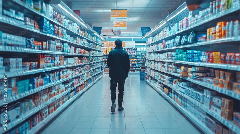 Person walking through grocery store aisle Person walking through grocery store aisle