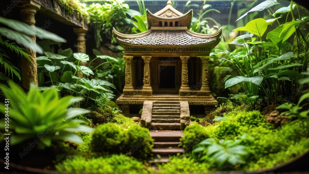 A detailed terrarium landscape featuring an ancient temple model nestled among vibrant green plants and moss, evoking a mystical forest ambiance. A detailed terrarium landscape featuring an ancient temple model nestled among vibrant green plants and moss, evoking a mystical forest ambiance.