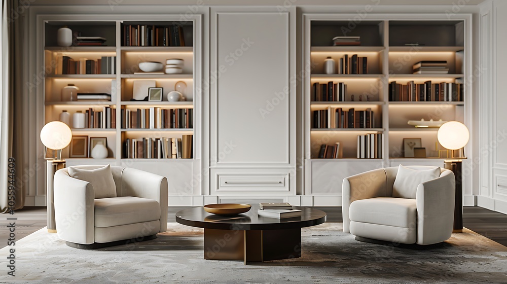 Fototapeta premium Modern Living Room Design Created by AI - Sleek Minimalist Interior with Cozy Seating, Natural Lighting, and Contemporary Decor Elements