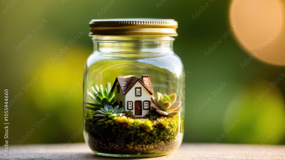 A vibrant glass florarium containing a tiny home model with succulents, pebbles, and moss, capturing the essence of nature in miniature. A vibrant glass florarium containing a tiny home model with succulents, pebbles, and moss, capturing the essence of nature in miniature.