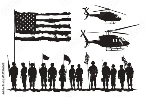 veteran Military Vector with Soldiers Flag and Helicopter 