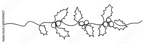 One line drawing. Abstract decorative horizontal frame element with holly Christmas berry. Beautiful hand drawn holly Christmas berry. New Year border design element. Vector illustration.
