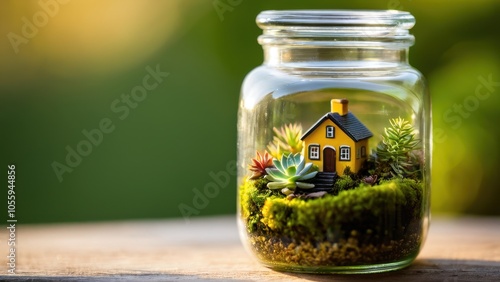 A vibrant glass florarium containing a tiny home model with succulents, pebbles, and moss, capturing the essence of nature in miniature.