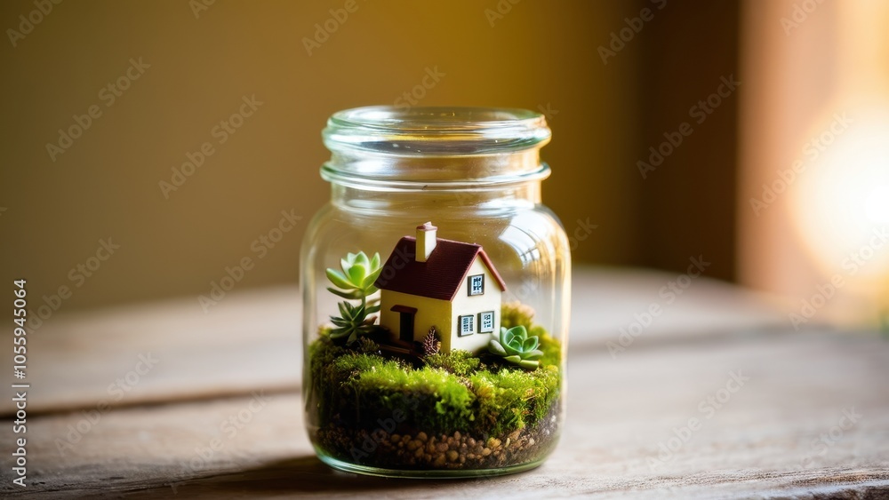 A vibrant glass florarium containing a tiny home model with succulents, pebbles, and moss, capturing the essence of nature in miniature. A vibrant glass florarium containing a tiny home model with succulents, pebbles, and moss, capturing the essence of nature in miniature.