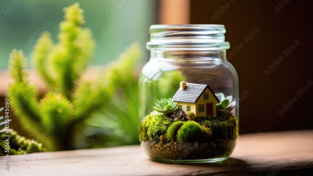 A vibrant glass florarium containing a tiny home model with succulents, pebbles, and moss, capturing the essence of nature in miniature. A vibrant glass florarium containing a tiny home model with succulents, pebbles, and moss, capturing the essence of nature in miniature.