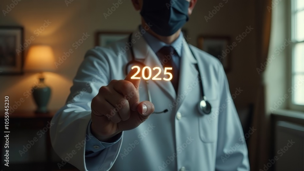 A doctor in a dim office presses his finger on the interactive numbers 2025, A doctor in a dim office presses his finger on the interactive numbers 2025,