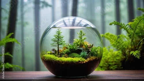 A lush glass florarium featuring micro trees and moss, offering a tranquil glimpse of nature for indoor decoration.