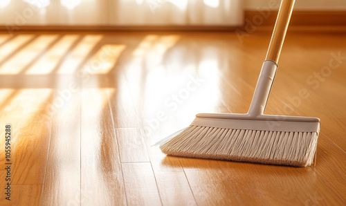 
A broom sweeping dust into a dustpan on a hardwood floor. photo