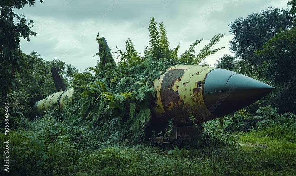 Overgrown missile hidden in jungle. Overgrown missile hidden in jungle.