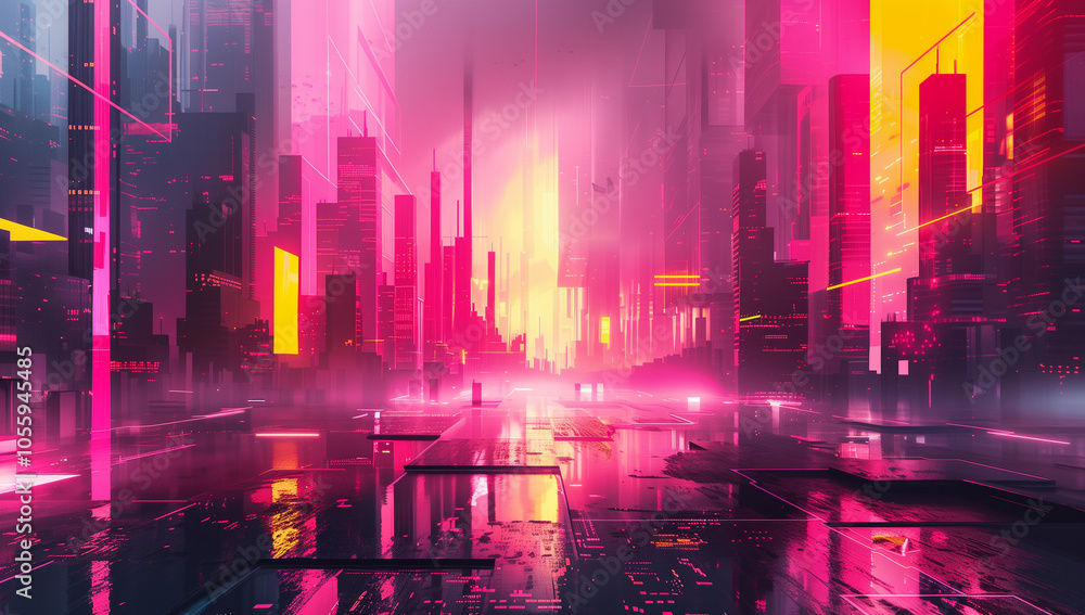 Fototapeta premium Vivid neon cityscape glowing at dusk with futuristic architecture and vibrant reflections