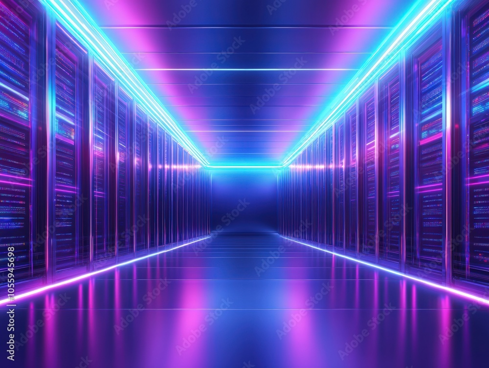 Futuristic Data Center with Neon Lights and Sleek Design in Vibrant Colors Futuristic Data Center with Neon Lights and Sleek Design in Vibrant Colors