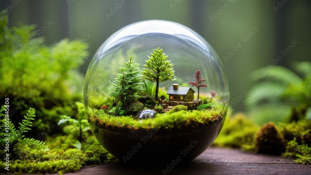 A lush glass florarium featuring micro trees and moss, offering a tranquil glimpse of nature for indoor decoration. A lush glass florarium featuring micro trees and moss, offering a tranquil glimpse of nature for indoor decoration.