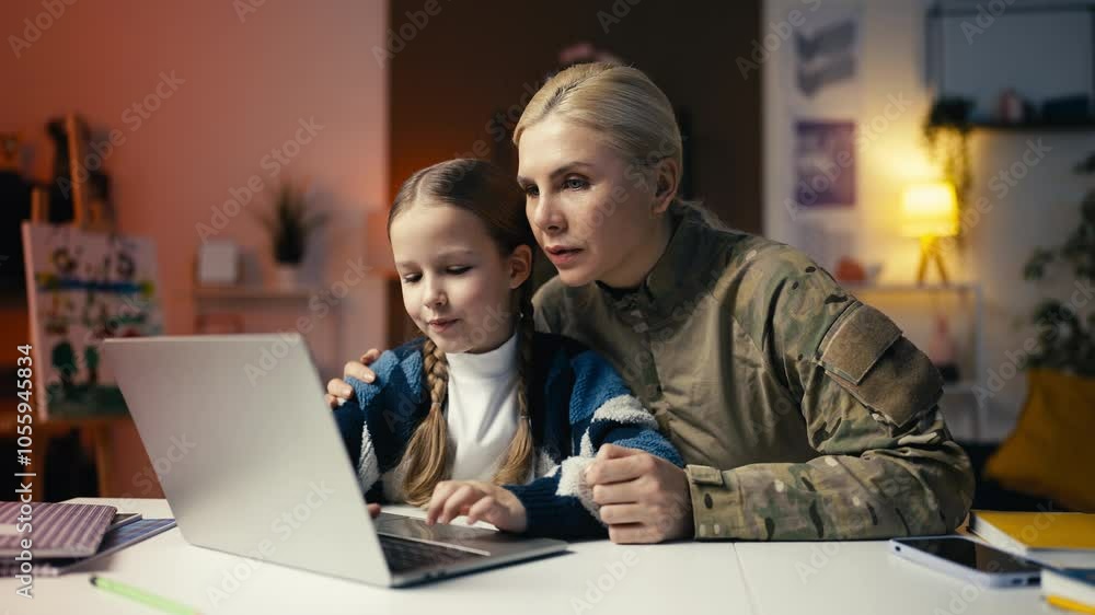Caring military mom helping little daughter with homework on laptop, support Caring military mom helping little daughter with homework on laptop, support