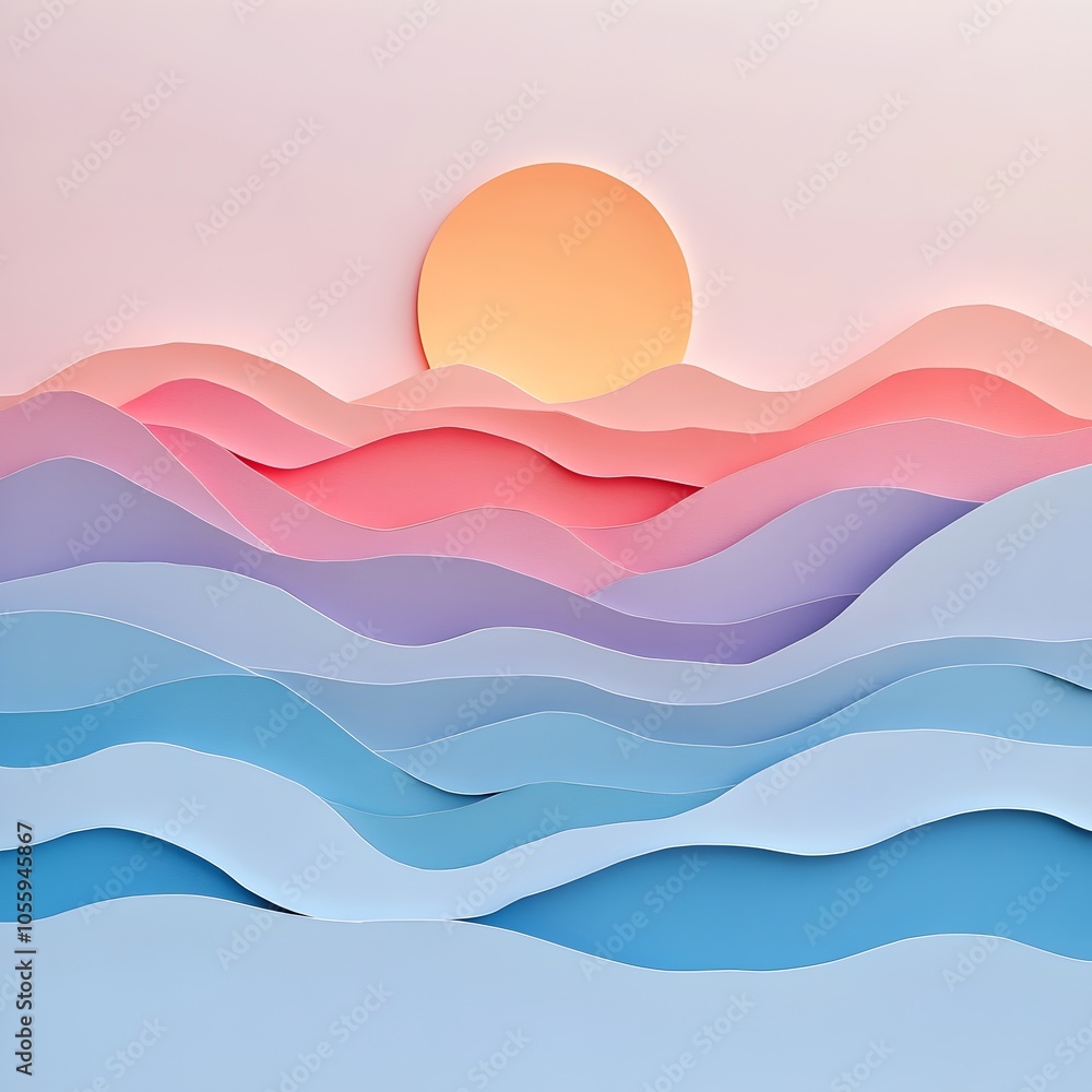 Vibrant Paper Art Landscape with Mountainous Waves and Gradient Sunset Vibrant Paper Art Landscape with Mountainous Waves and Gradient Sunset