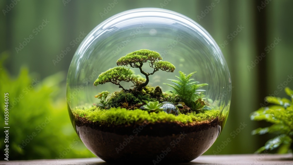 A lush glass florarium featuring micro trees and moss, offering a tranquil glimpse of nature for indoor decoration. A lush glass florarium featuring micro trees and moss, offering a tranquil glimpse of nature for indoor decoration.
