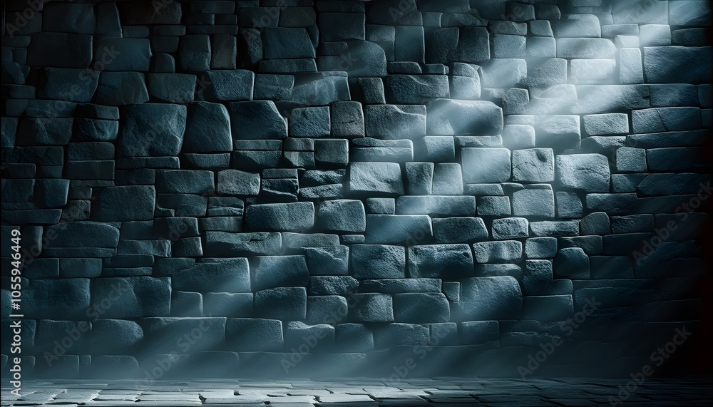 Eerie ambiance of a dimly lit stone wall illuminated by dramatic light rays Eerie ambiance of a dimly lit stone wall illuminated by dramatic light rays