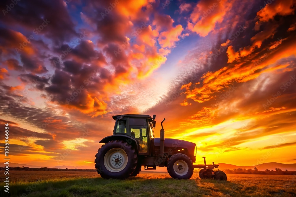 Obraz premium Stunning Silhouette of a Tractor at Sunset - Farming Landscape Photography
