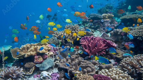 A vibrant coral reef teeming with colorful fish and diverse marine life, showcasing the breathtaking beauty of aquatic ecosystems and the importance of ocean conservation. photo