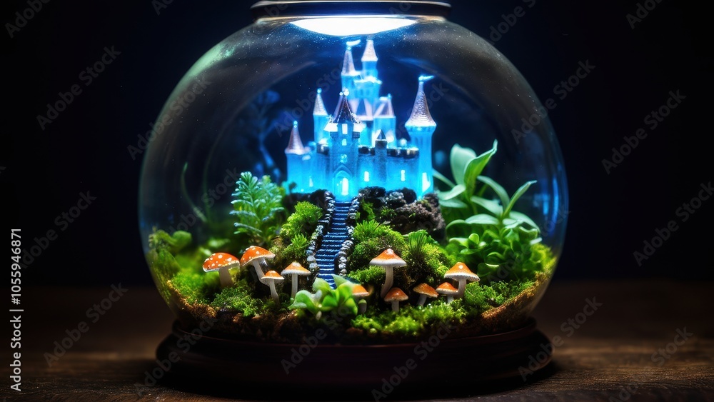 A magical miniature terrarium featuring a glowing castle surrounded by lush greenery, mushrooms, and moss, evoking a whimsical fantasy world. A magical miniature terrarium featuring a glowing castle surrounded by lush greenery, mushrooms, and moss, evoking a whimsical fantasy world.