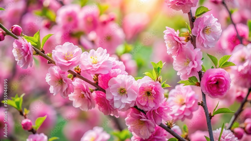 Stunning Spring Blossom of Prunus Triloba with Lush Pink Flowers in Blooming Almond Bush Landscape Stunning Spring Blossom of Prunus Triloba with Lush Pink Flowers in Blooming Almond Bush Landscape