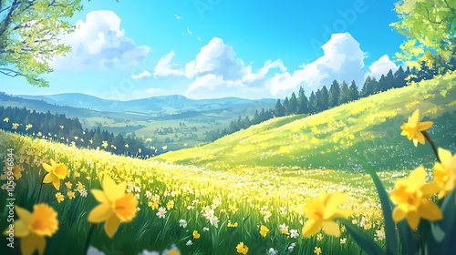 A vibrant spring meadow filled with blooming daffodils and tulips, a gentle breeze rustling the flowers, and a distant tree line under a bright blue sky