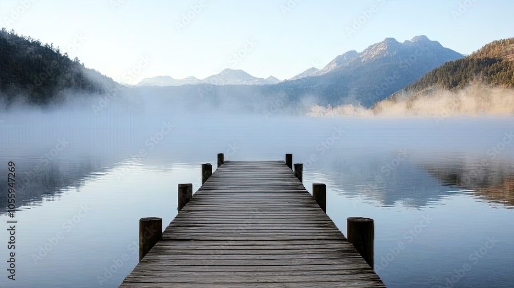 Fototapeta premium Empty wooden pier stretching into a fog-covered lake with mountains barely visible in the background, evoking peace and mystery