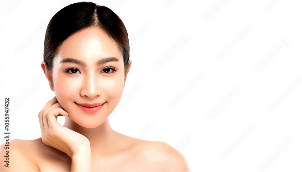Smiling woman with beautiful skin, natural makeup, and soft features, isolated on white background. Smiling woman with beautiful skin, natural makeup, and soft features, isolated on white background.