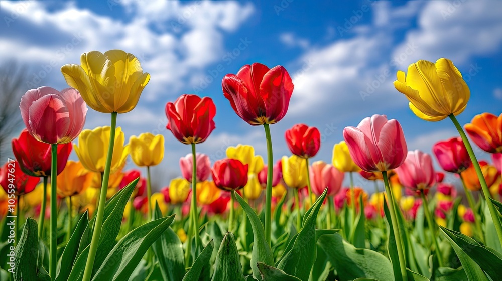 Endless fields of tulips in the Netherlands, with vibrant rows of red, yellow, and pink flowers stretching toward a blue sky Endless fields of tulips in the Netherlands, with vibrant rows of red, yellow, and pink flowers stretching toward a blue sky